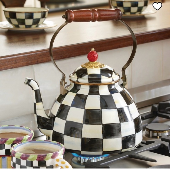 MacKenzie-Childs Courtly Check Tea Kettle Checkered Teapot Wooden Handle 3qt - Picture 4 of 5